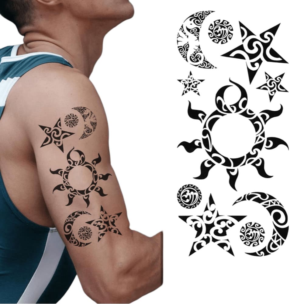 Tatuagem Temporária Tribal Astros Sol Lua Estrelas Lindos 9x19cm