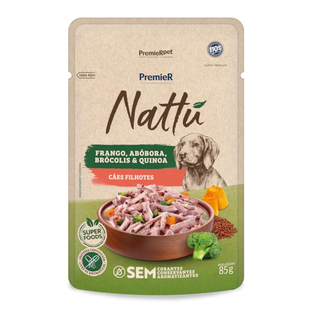 Ração Úmida Premier Nattu Sachê Cães Filhotes Frango, Abóbora, Brócolis e Quinoa 85g