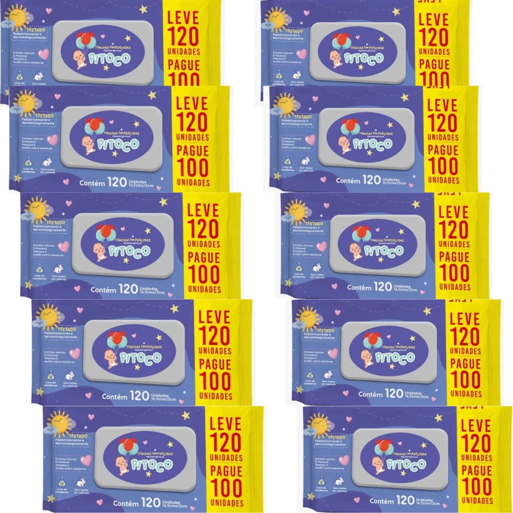 Kit Contém 10 Pacotes com 120 Unidades Lenço Umedecido Pitoco - CIMED