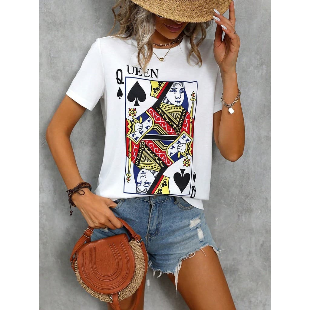 Camiseta Casual Com Gola Redonda E Estampa De Carta Dama