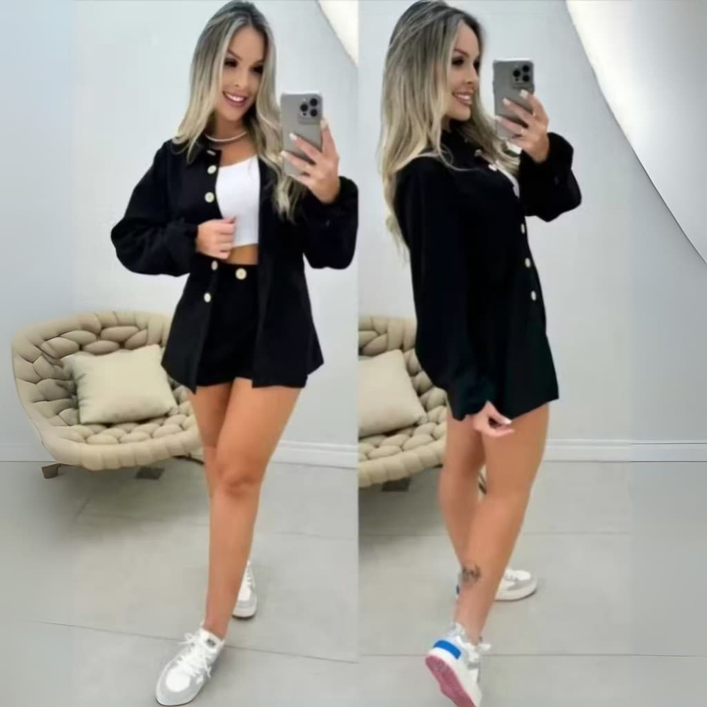 Conjunto de camisa manga longa e short femenina preto