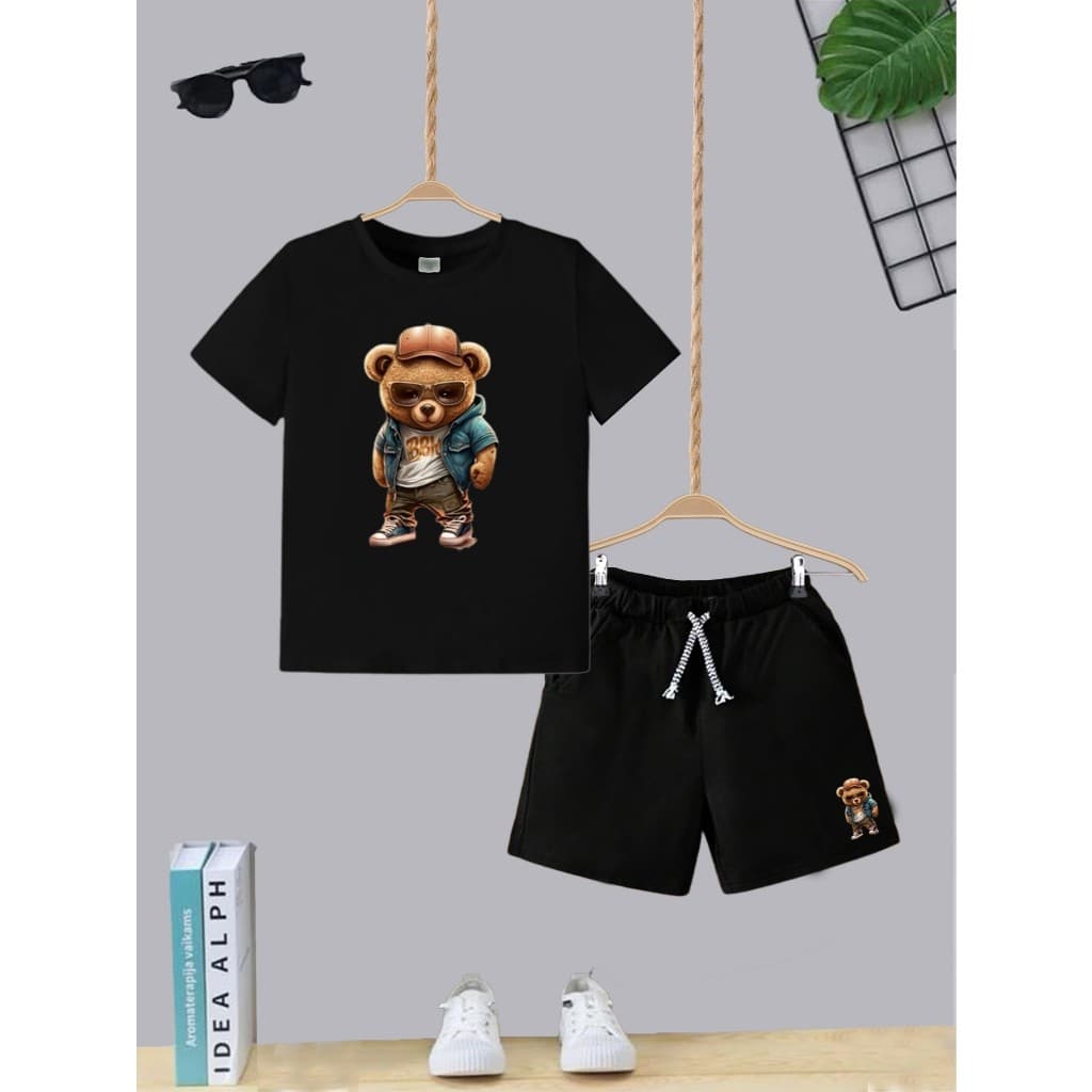 Kit Conjunto Infantil Short Com Bolso e Camiseta Algodão Urso Malandro Moda Teen Kids Juvenil