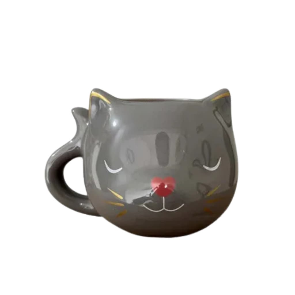 Caneca 3D Gato 380Ml Cinza Claro Gato Bigodes Cerâmica