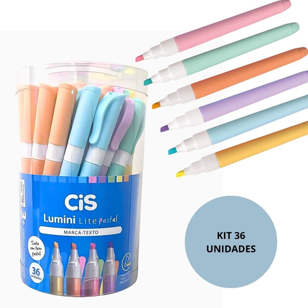 36 Caneta MarcaTexto Cis Lumini Lite Core Sortida Roxo rosa amarelo verde laranja e azul tons pastel