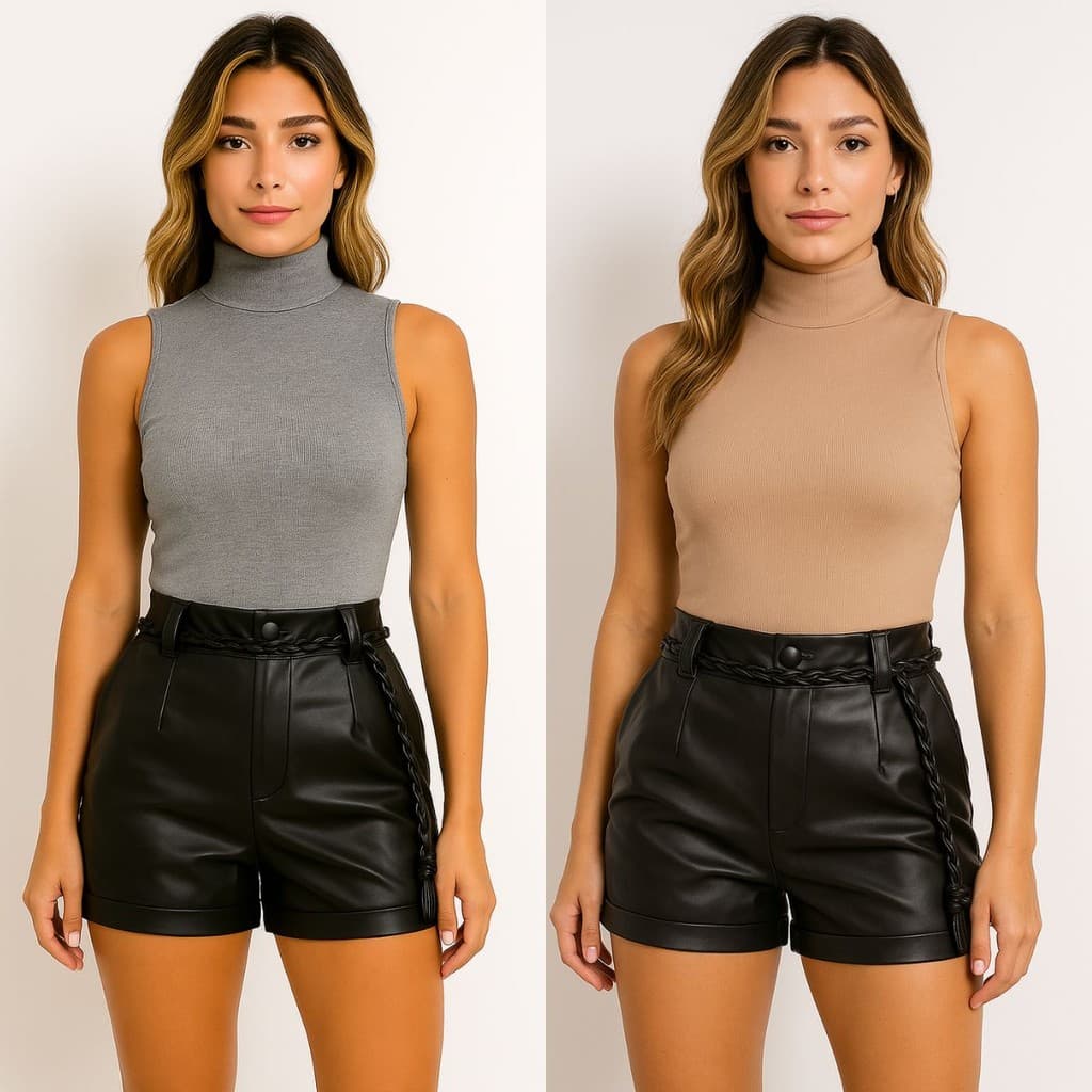 Conjunto Feminino Short Couro Fake com Cinto + Cropped Gola Alta Canelado