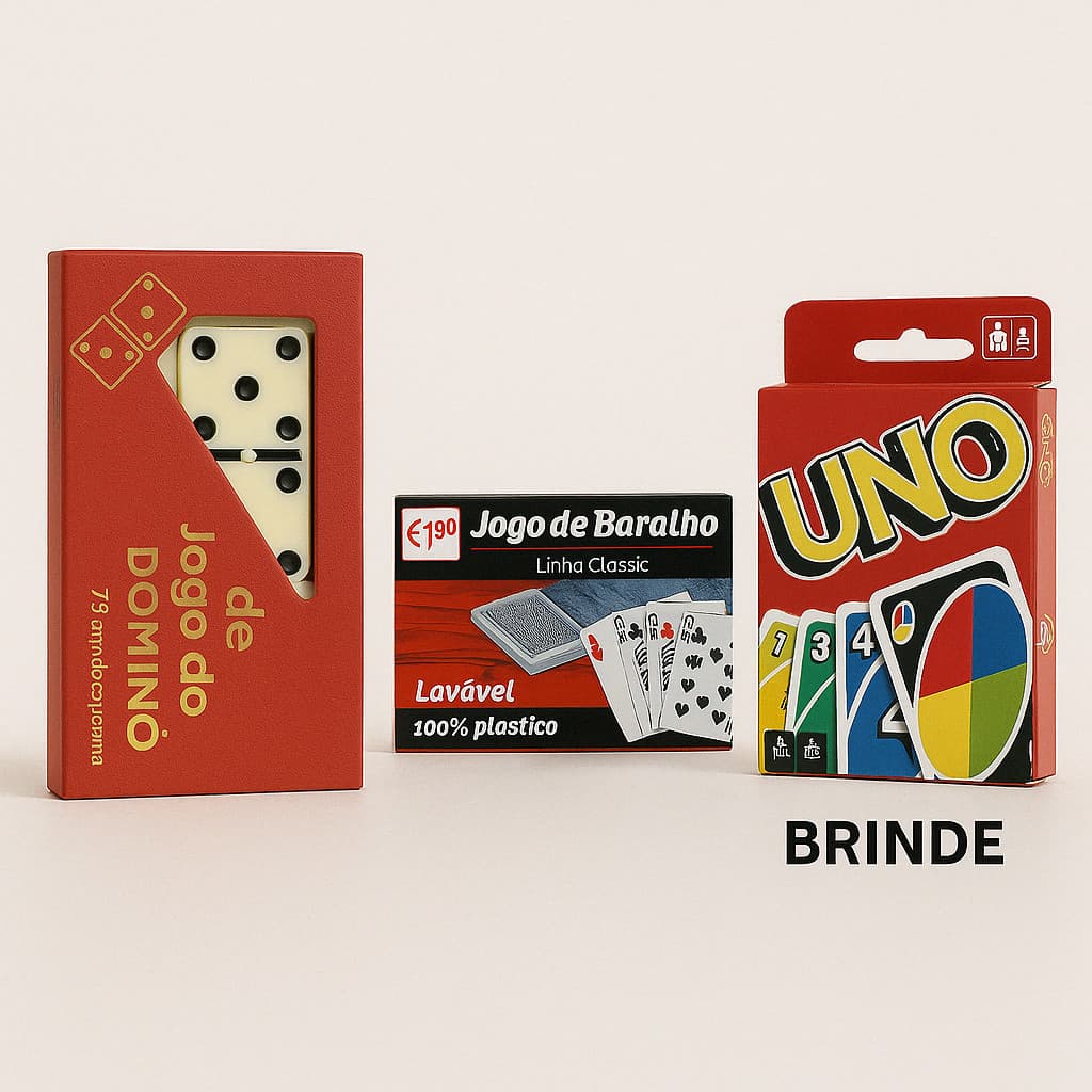 Kit Premium Jogos De Mesa Dominó Baralho C/2 + Uno Brinde