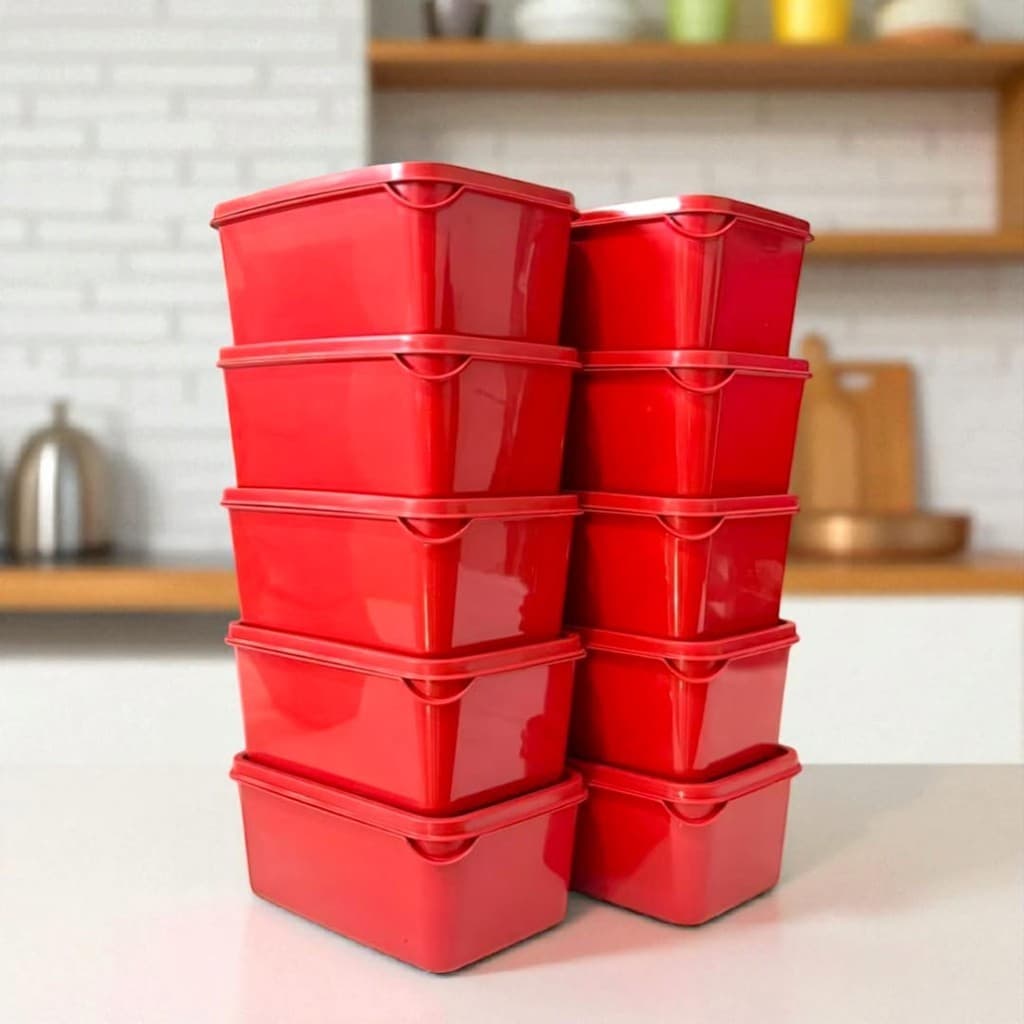 Kit 10 Potes Plásticos Retangular para Armazenamento de Alimentos - Rosa/ Verde/ Bege