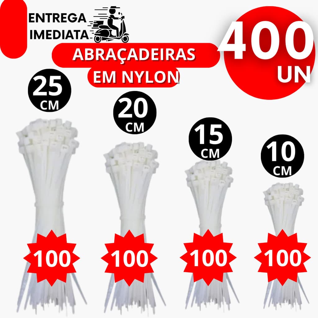 Kit Abraçadeira de Nylon 800 Unidades Enforca Gato 10cm - 15cm - 20cm - 25cm Branca Uso Doméstico e Profissional