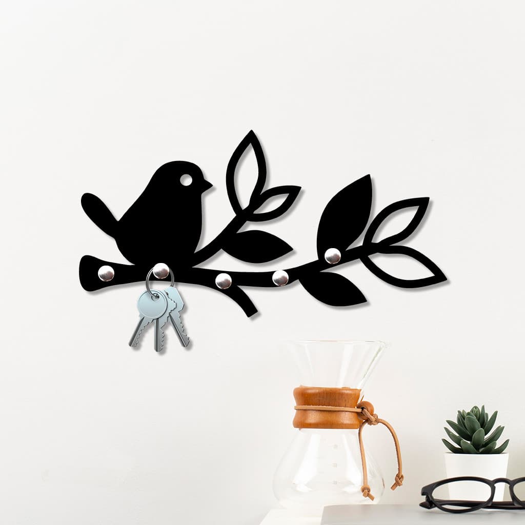 Porta Chaves de Parede 3mm Pássaro MDF Preto