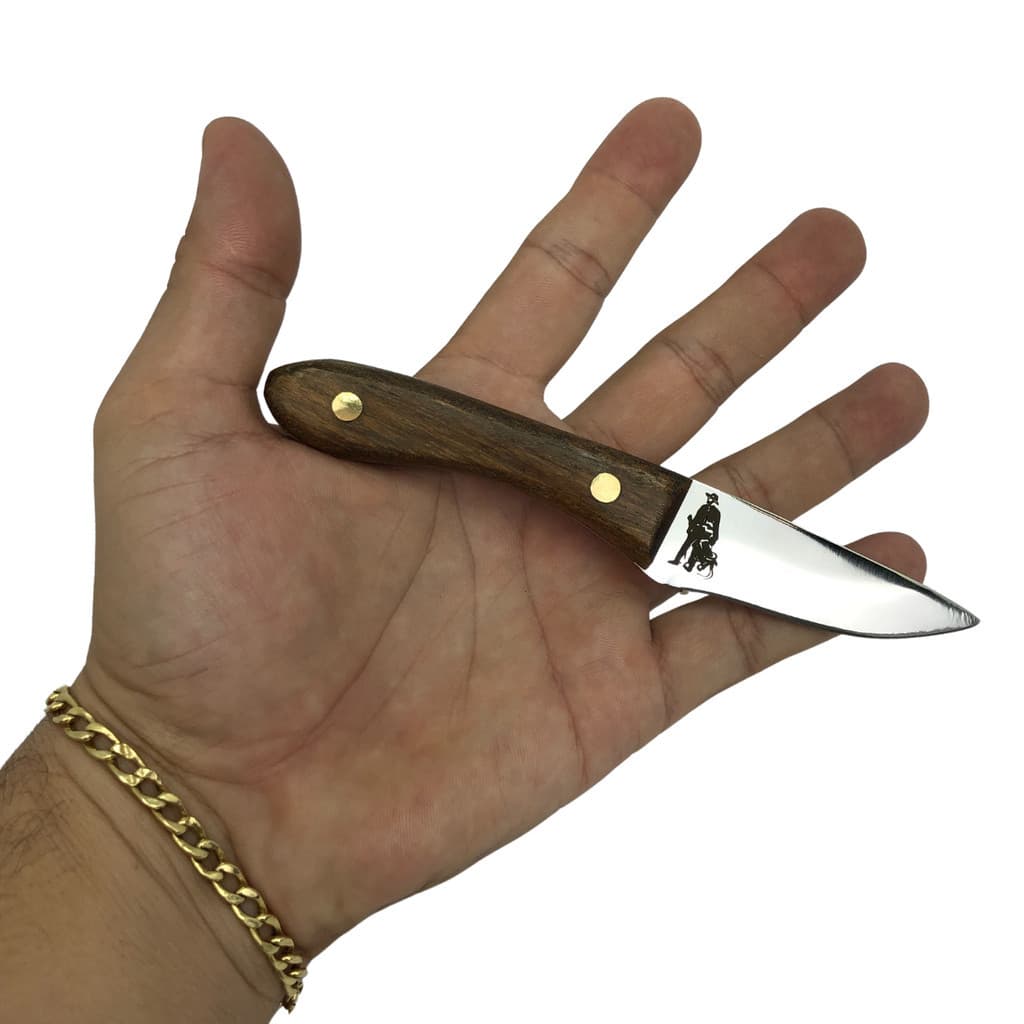 Faquinha faca 01 artesanal 14,5cm lâmina aço inox cabo madeira detalhe rustico + bainha de couro para cinto trabalho