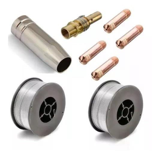 Kit Mig 15ak - 2 Arame Solda Mig S/ Gás 0,8mm + 4 Bicos De Contato 0,8mm + 1 Bocal 12mm + 1 Porta Bico Difusor 15AK M6