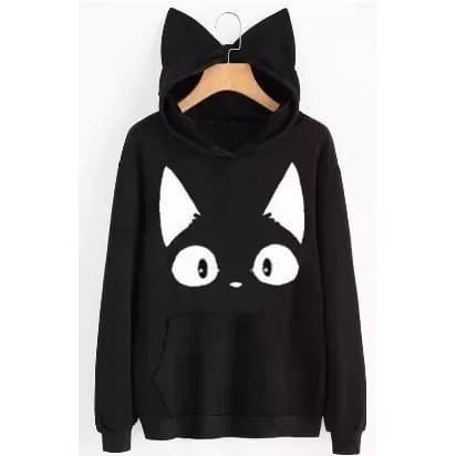 Moletom Casaco Canguru Gato Capuz Com Orelhas Feminino
