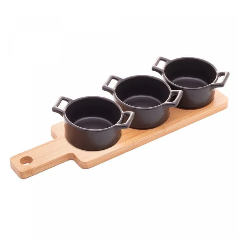 Conjunto de bandeja de bambu com petisqueiras redondas