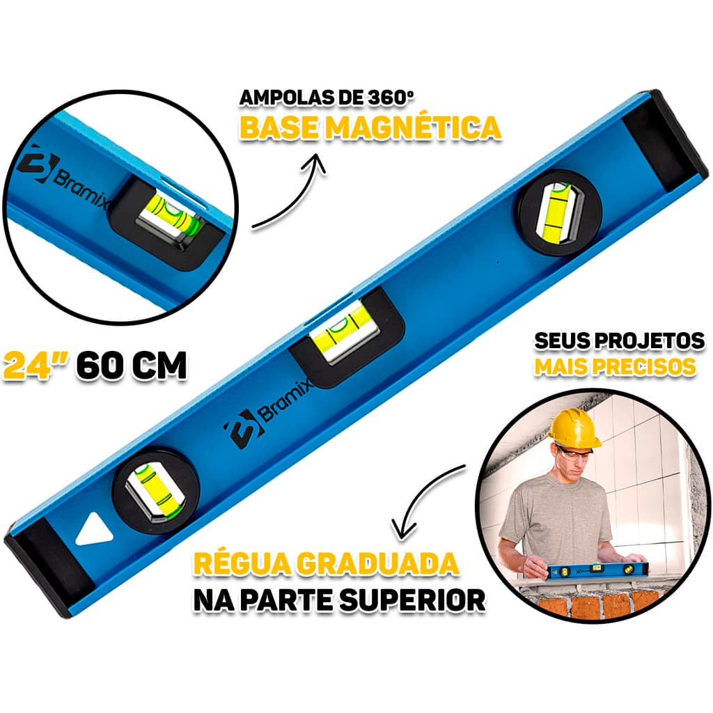 Nível De Alumínio 60cm Reforçado Com Base Magnética Três Bolhas Profissional 24 Polegadas Bramix
