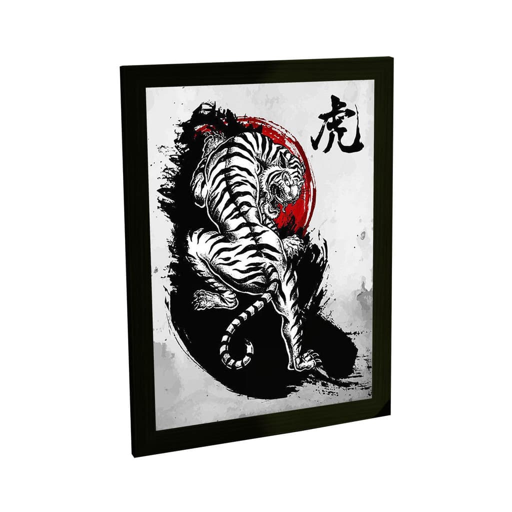Quadro Decorativo Japonês Tigre Branco Pintura Kanji Decoração