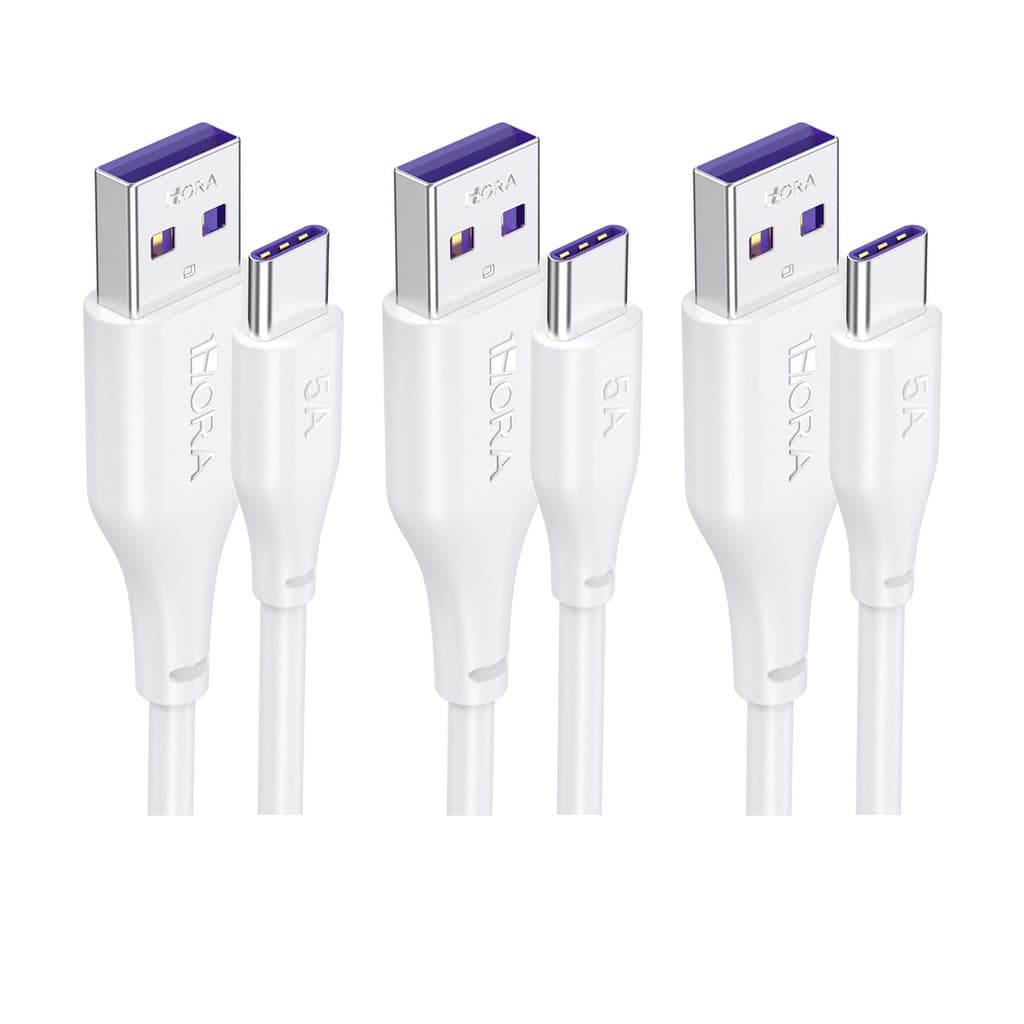KIT 3x Cabo Usb A/C 1Hora Macho/Macho Carga Rápida 5A 1Metro Branco