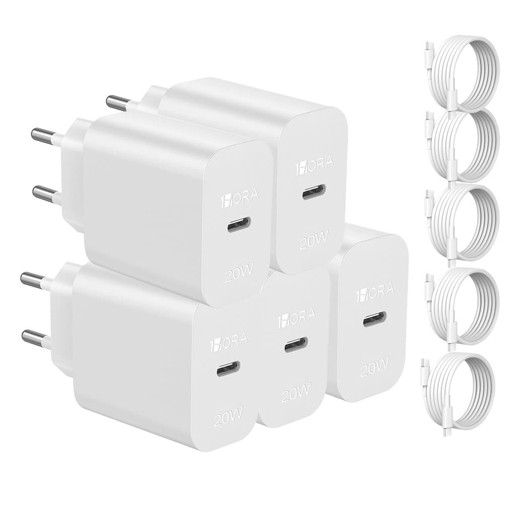 KIT 5X Carregador Usb C 1Hora, Pd20W + Cabo Usb C 1 Metro Branco