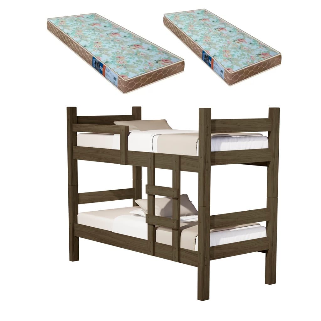 BELICHE LETICIA COM ESCADA E GRADE PROTEÇÃO VIRA 2 CAMAS SOLTEIRO -MDF + 2 COLCHÕES D23-Castanho