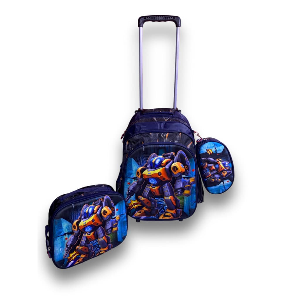 Kit Mochila Infantil Masculino Com Rodinhas Estojo Lancheira Térmica Alto Relevo Capa Dura 3D