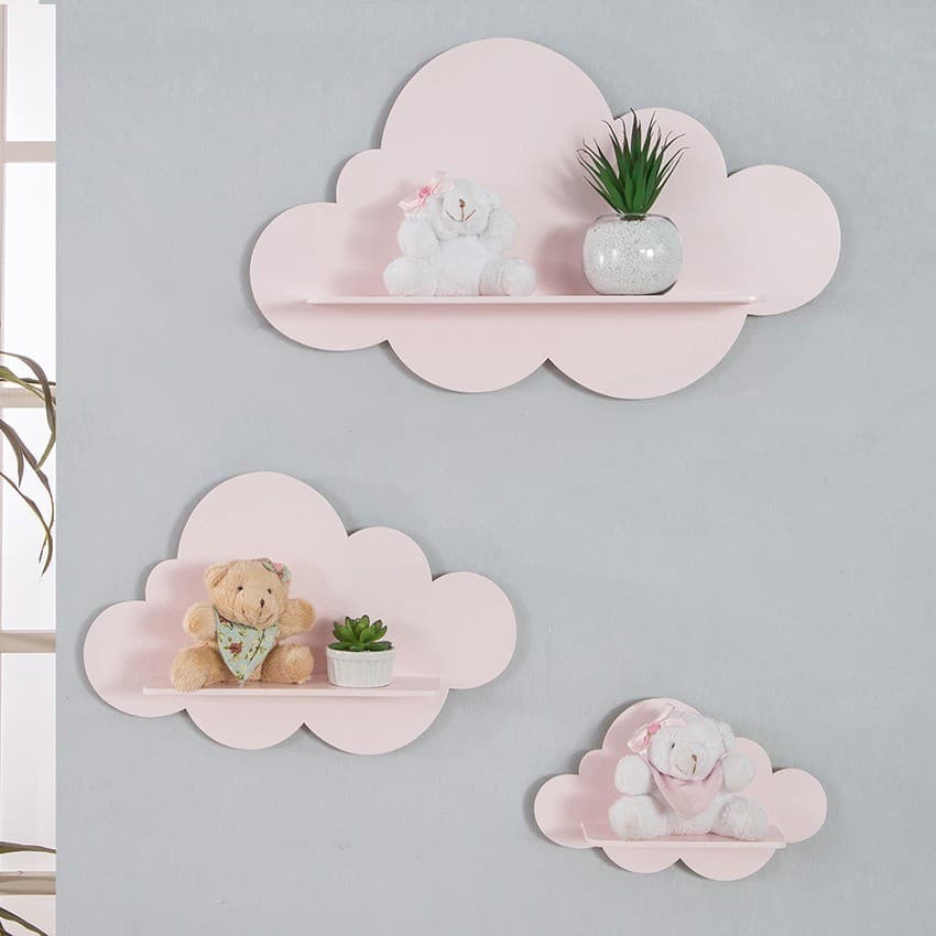 Trio De Nichos Modelo Nuvem Em Mdf Quarto De Bebê - Prateleira - Menina - Nuvem Rosa