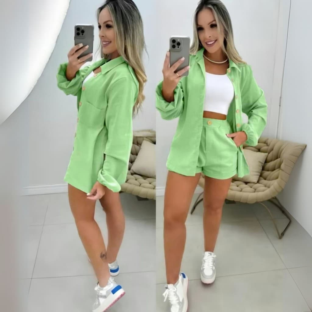 Conjunto de camisa manga longa e short femenina