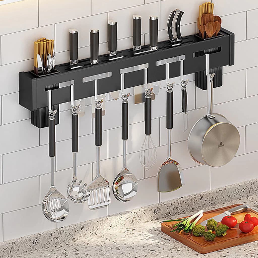 Suporte Organizador para Utensílios de Cozinha Funcional 8 Ganchos Aço Inoxidável Elegante