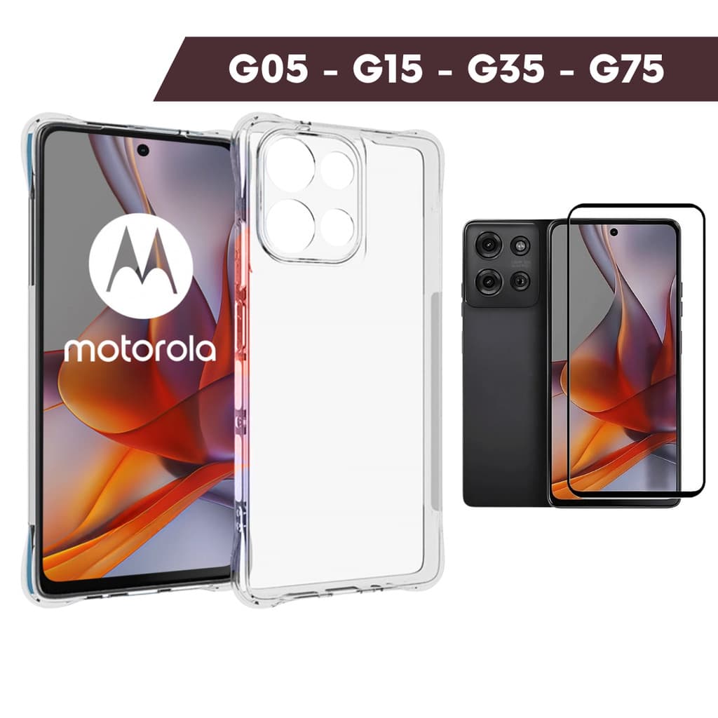 Motorola Moto G05 G15 G35 G75 5G - Capa Capinha Case Anti Impacto Transparente e Película 3D Vidro