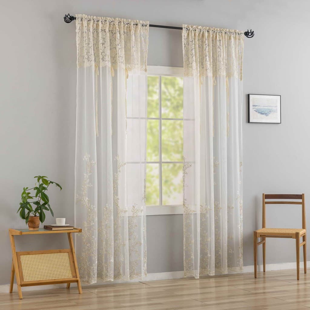 Cortina Transparente Bordada Dourada Luxuosa Para Sala De Estar , Cortinas De Janela , Emenda De Renda , Proteção De Pri