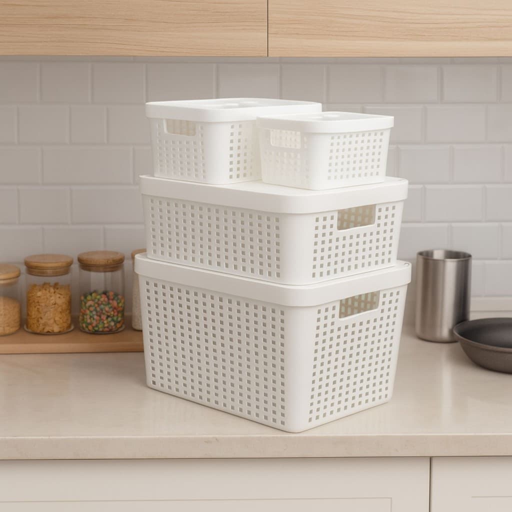 Kit 4 Caixas Organizadoras Com Tampa Cesto Grande em Plástico Resistente 2L/4,5L/11L/17L