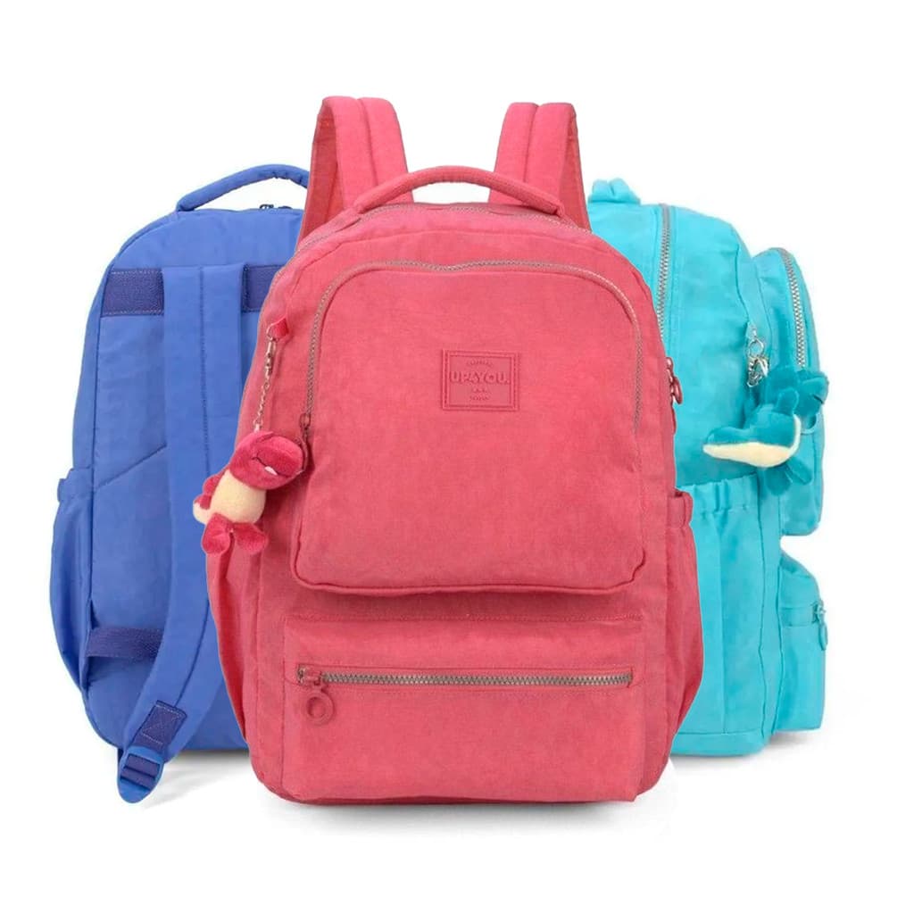 Mochila Escolar Feminina Crinkle Up4you Chaveiro Dinossauro Turquesa Vinho Violeta
