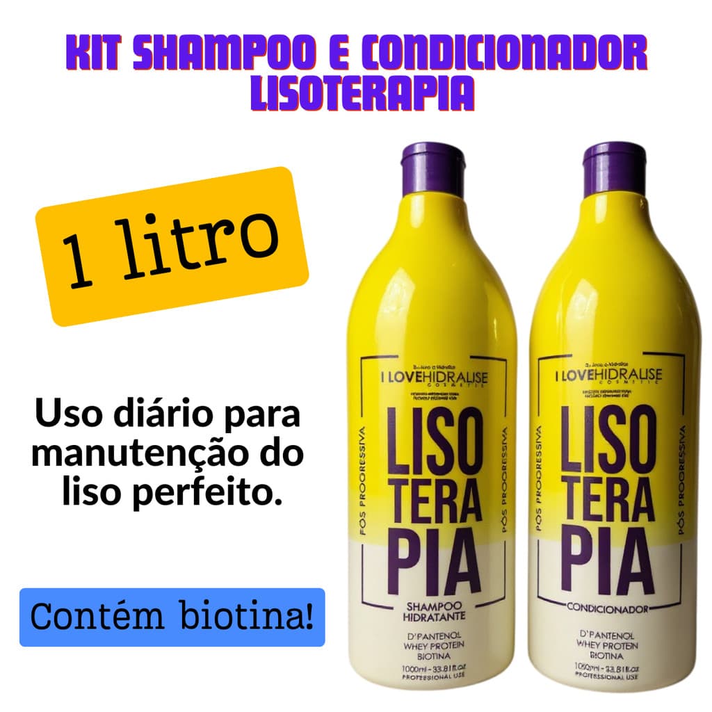 Kit Shampoo e Condicionador Lisoterapia Hidratação Profunda 1L com Biotina Whey Protein e D'pantenol