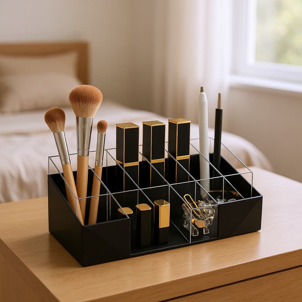 Organizador Premium De Maquiagem E Escritório – Acrílico Cristal Com Base Preta Em MDF/HDF