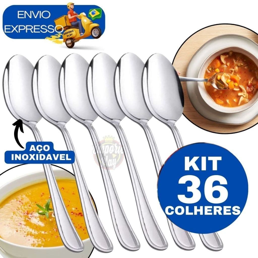 Kit 36 Colher de Sopa Talher de Mesa Cozinha em Inox para Casa Restaurante Lanchonete Padaria Churrascaria