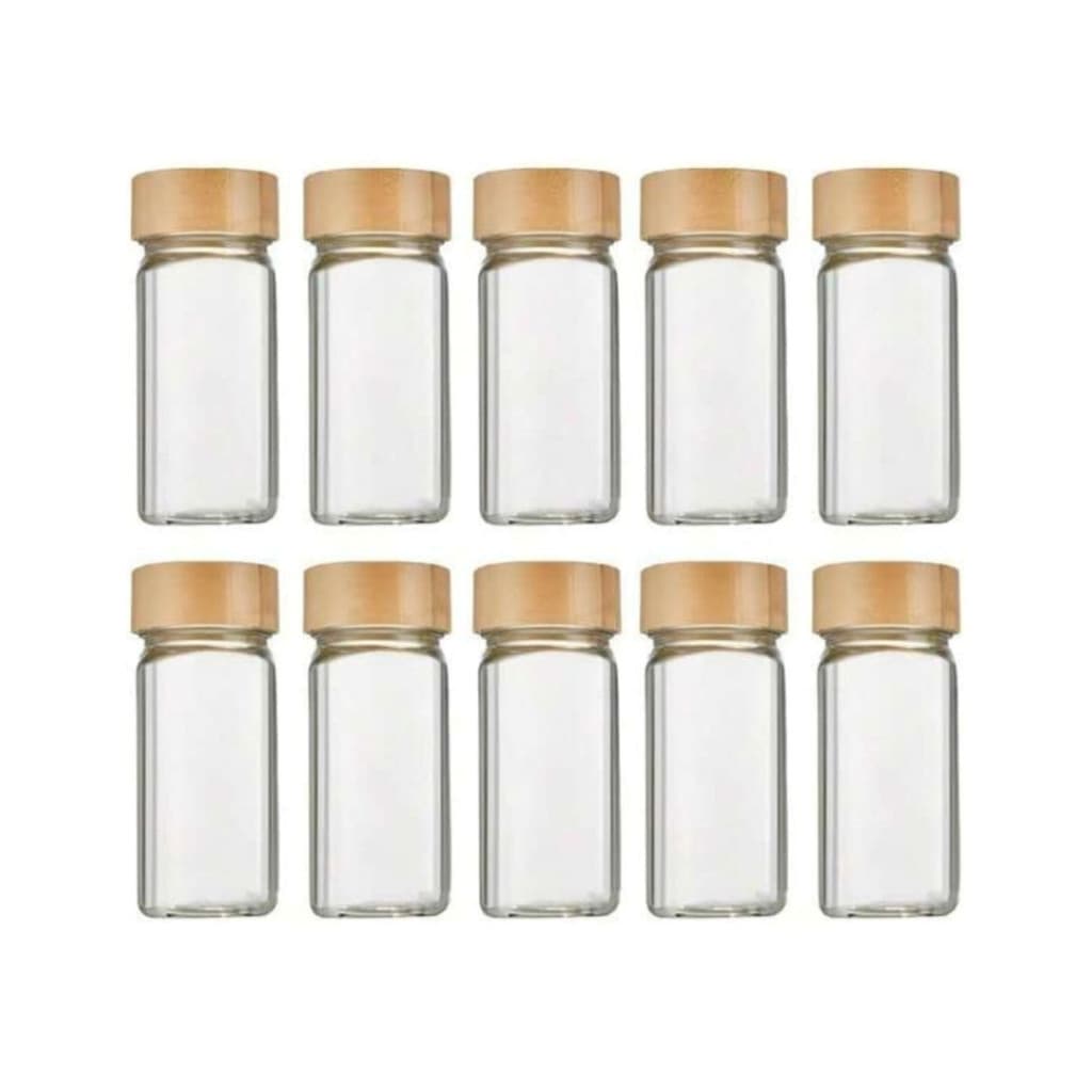 Kit 10 Potes Temperos Condimentos De Vidro Tampa Bambu Para Cozinha