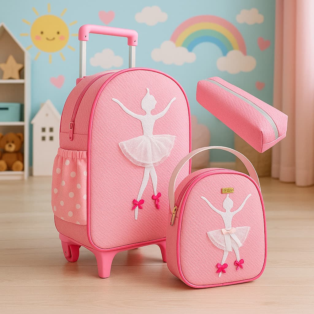 Kit Mochila De Carrinho Rodinha Escolar Infantil Bichinho G com Lancheira Zoo
