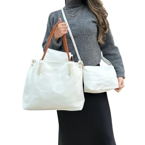 Kit 3 Pecas Bolsa Feminina Estilo Tote Branca Alca Caramelo Conjunto Casual