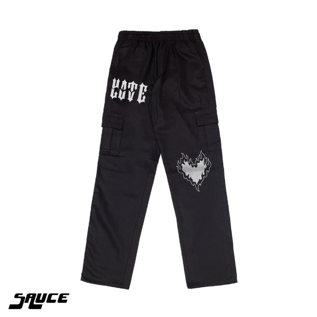 Calça Cargo Love Coração Em Chamas Sarja Streetwear Unisex