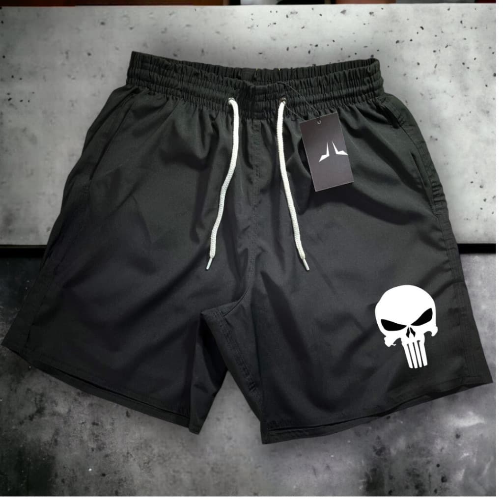 Bermuda Short Masculino Tactel Modelo Justiceiro Black Skull Esportivo Militar Casual Verão Sol