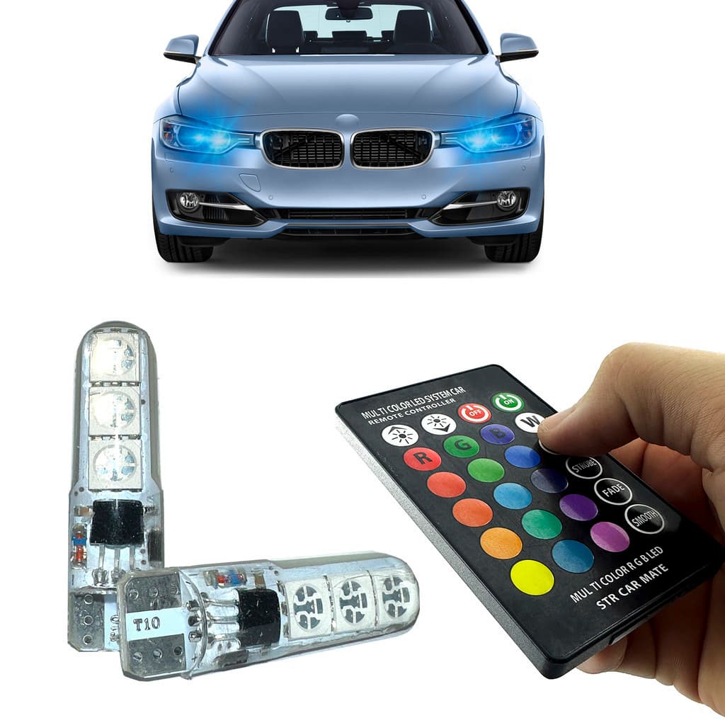 Par lampada led automotivo pingo T10 RGB 16 Cores + Controle Farolete Carro Meia Luz