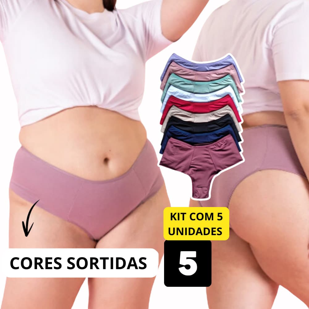 KIT 5 Calcinhas Rebeca Microfibra Feminina Confortável Pala Dupla Cintura Alta Feminina