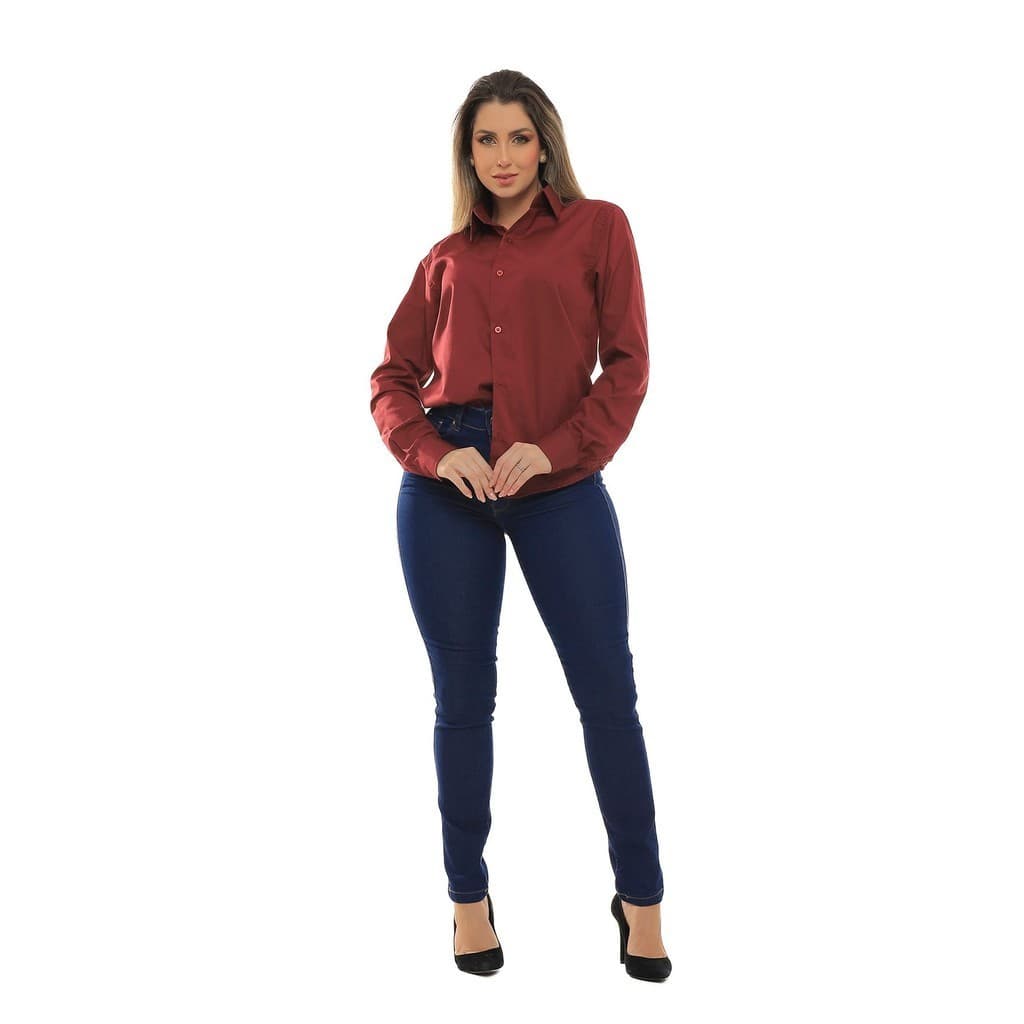 Kit Feminino 2 peças - Calça Feminina Skinny Jeans Escuro e Camisa Social Feminina Slim Vinho