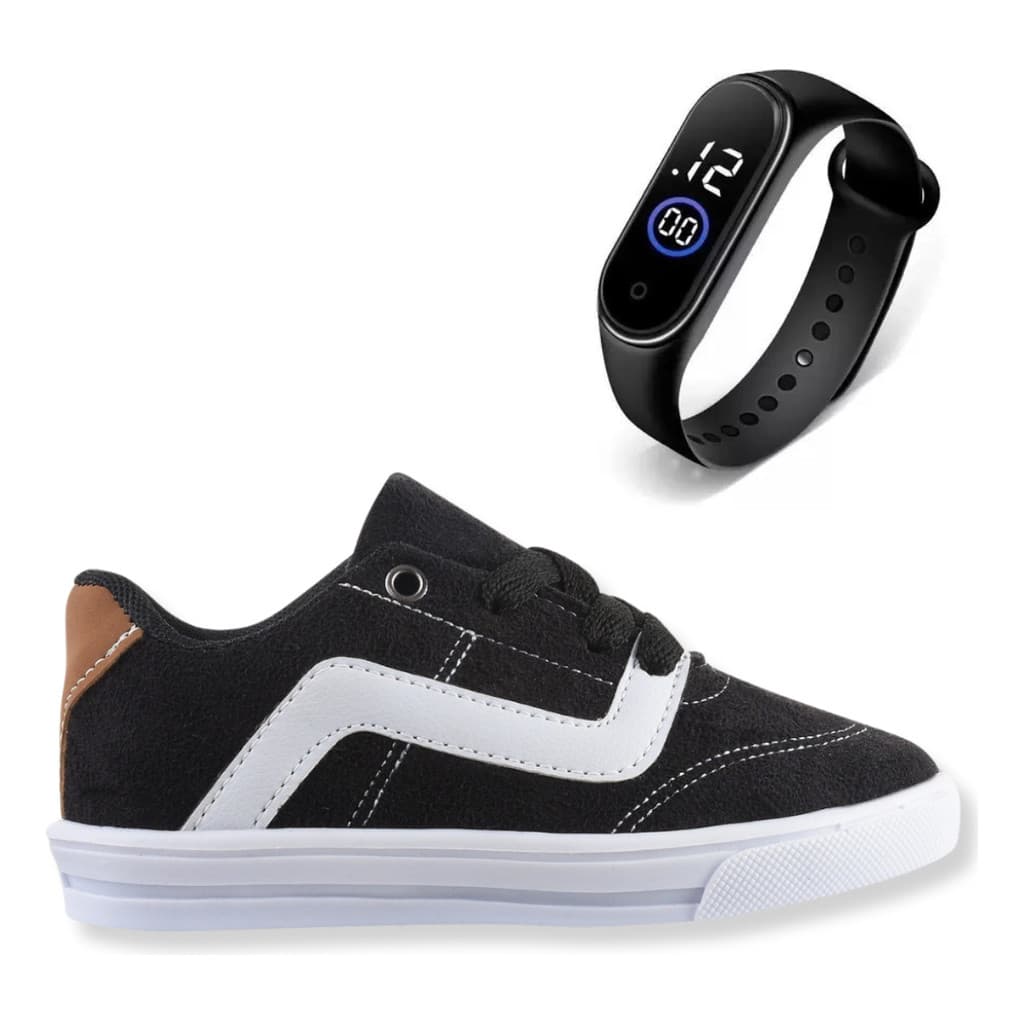 Kit Tênis Infantil Masculino e Feminino para o dia a dia e Escolar Basico Preto com Relogio