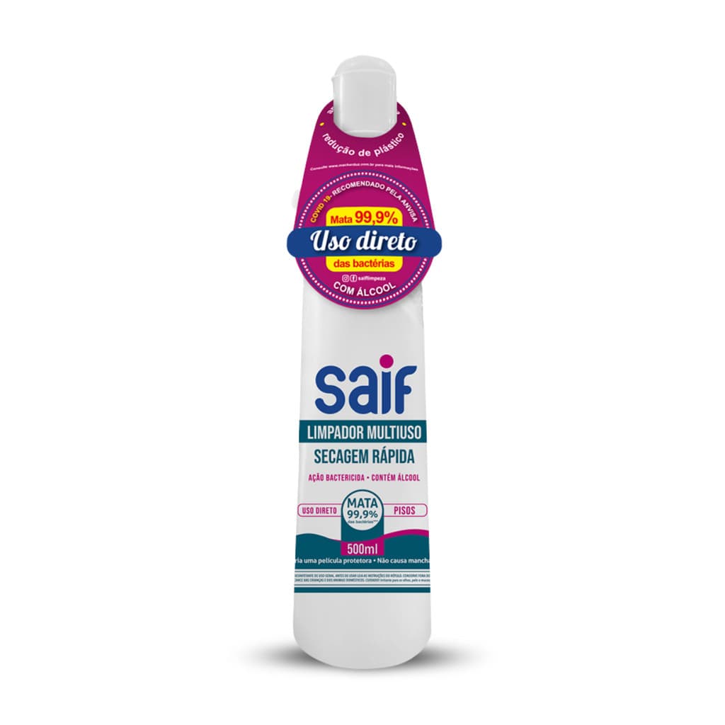 Limpador Multiuso Secagem Rápida Com Álcool Saif 500Ml, Higienizador Multiuso Perfumado Com Álcool, Branco, Ação Bacteri
