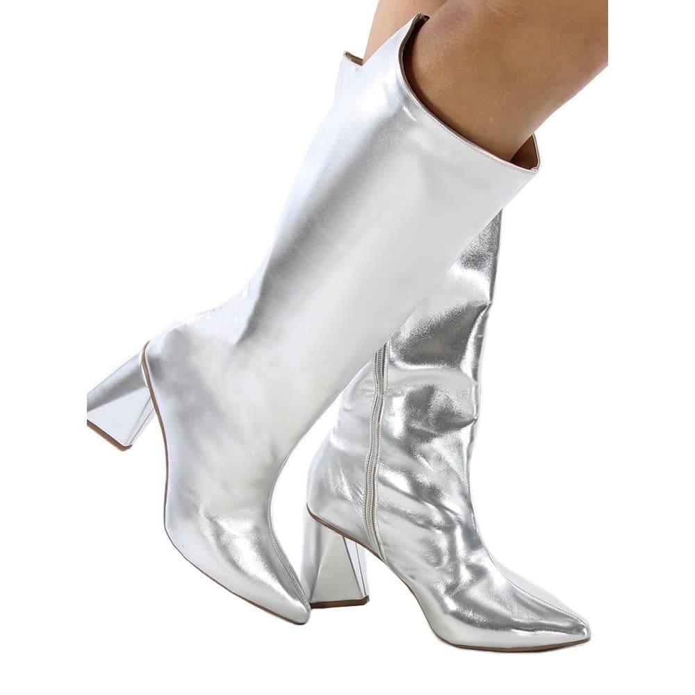 Bota Feminina Lisa Cano Longo Zíper Salto Bloco Alto 7,5cm Bico Fino Macia Metálica Antiderrapante
