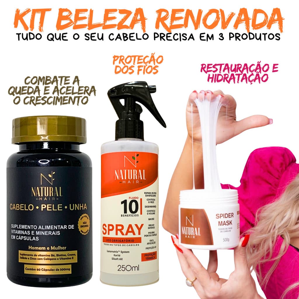Kit Beleza Renovada Combate a Queda de Cabelo Hidratação Profunda Protetor Termico Crescimento