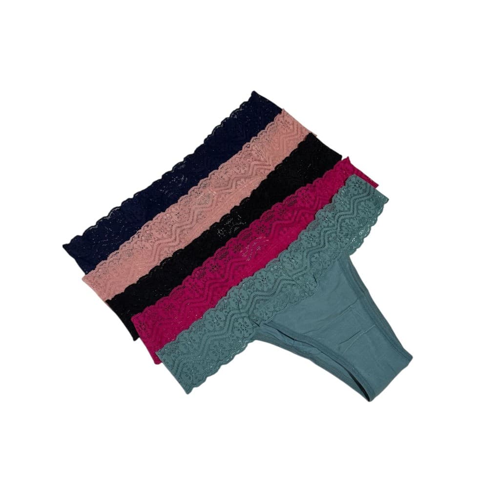 Kit 5 Calcinhas Tanga Cós de Renda em Fibra de Bambu Forro de Algodão