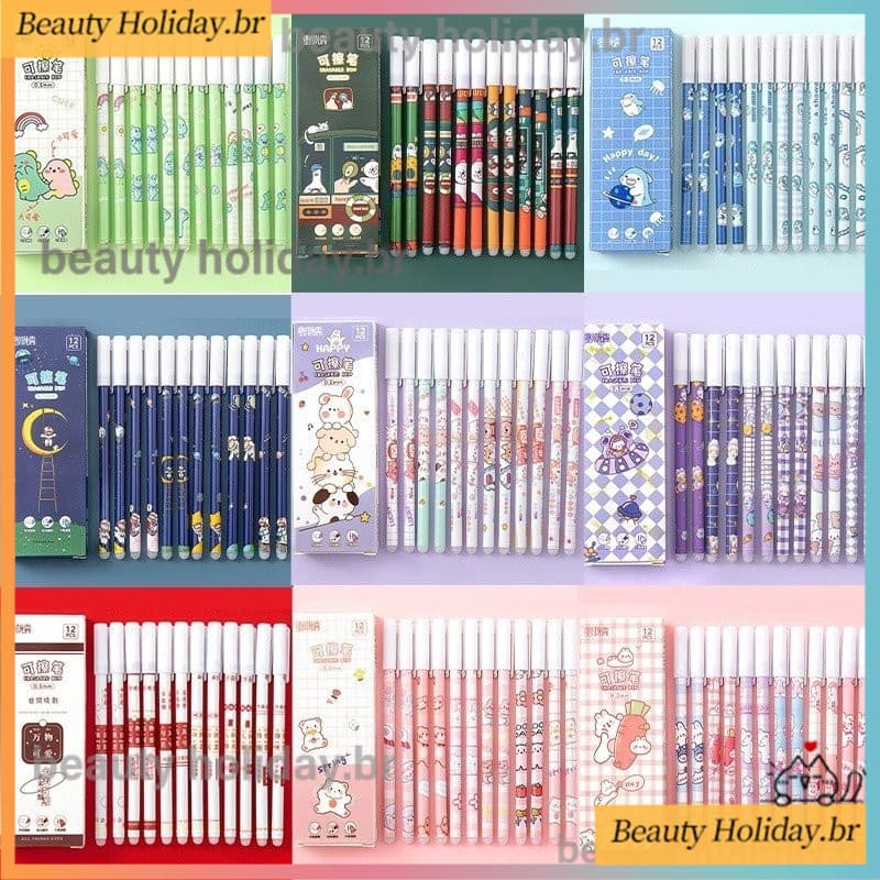 12Pcs Caneta Gel Apagável Desenho Animado Fofa Assinatura Auto-Gravadora Tinta Azul Escritório