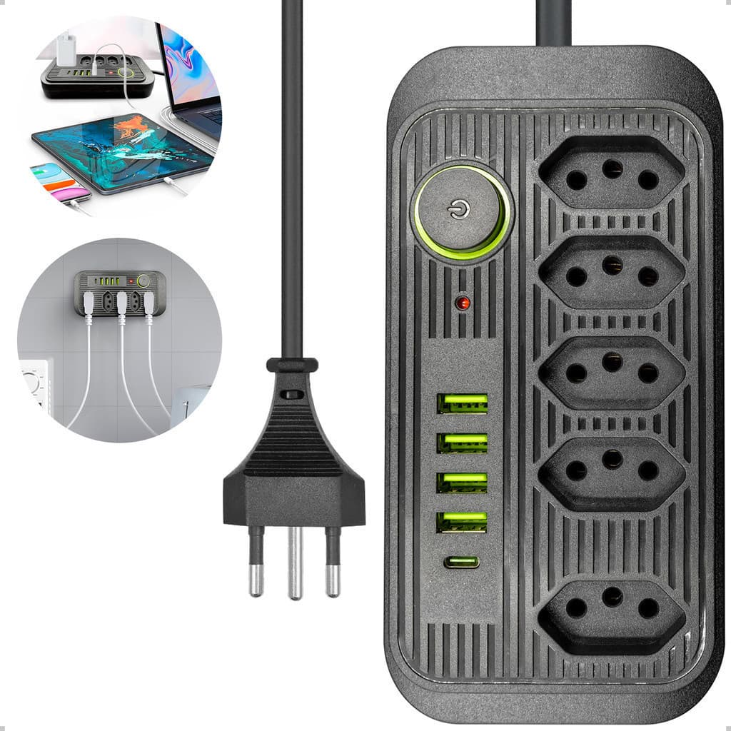 Extensão regua Filtro de Linha Elétrica 5 Tomada 4 USB e Tipo C Cabo 2 Metros 10a Bivolt 110v/220v