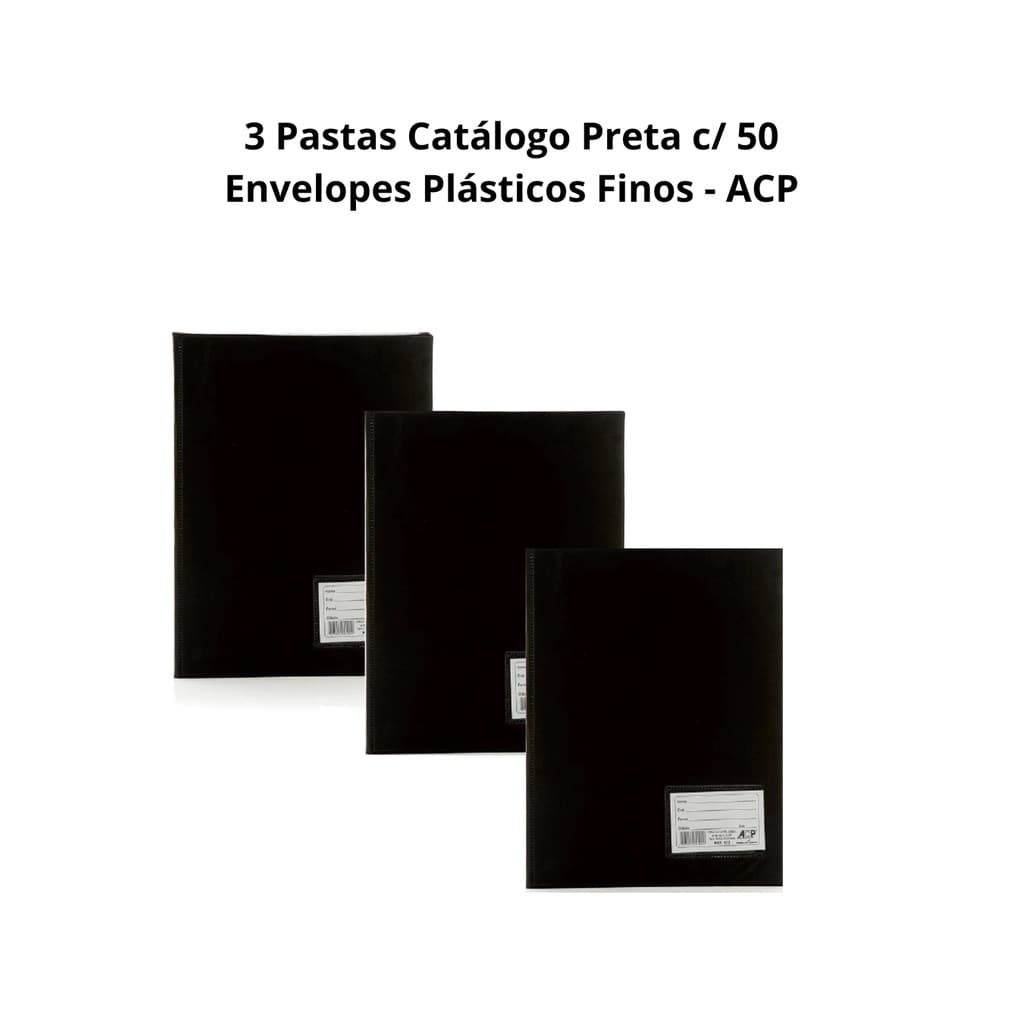 3 Pastas Catálogo Preta c/ 50 Envelopes Plásticos Finos - ACP