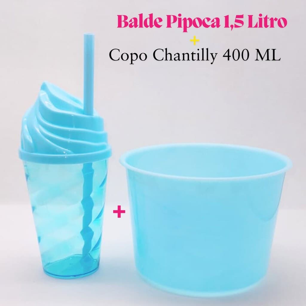 Kit 20 Balde Pipoca 1,5 LT + 20 Copo Chantily 400ml  Festa Aniversário Infantil